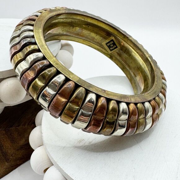 Vtg Bohemian Mixed Metal Large Chunky Indian Bangle Bracelet Silver Brass Copper - Picture 2 of 14